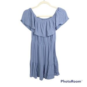 Missguided blue off shoulder ruffle neckline mini dress size 6